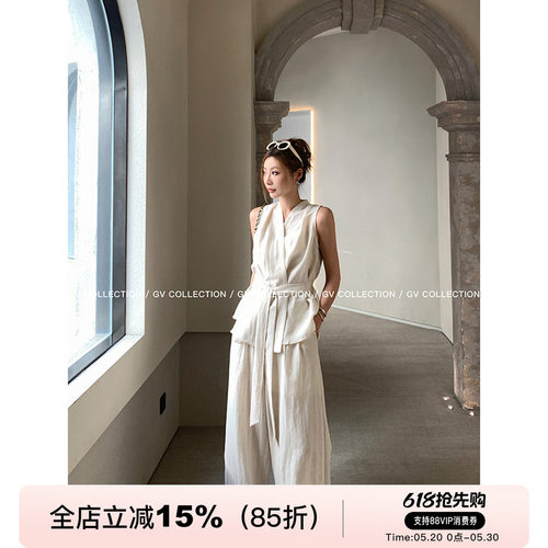 GV大白哥 cleanfit高智随性 收腰亚麻新中式上衣宽松阔腿裤套装女