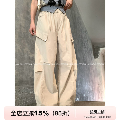 松紧腰立体抽绳捏褶皱口袋工装裤