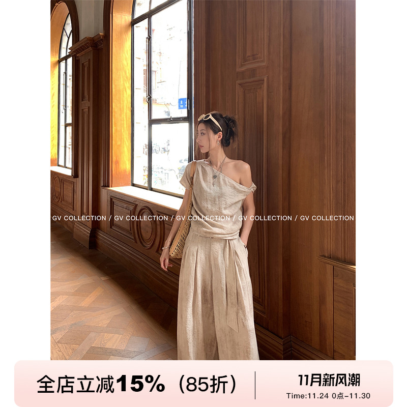 GV大白哥 私服工艺党 炒色斜肩短袖休闲T恤上衣阔腿休闲裤套装女