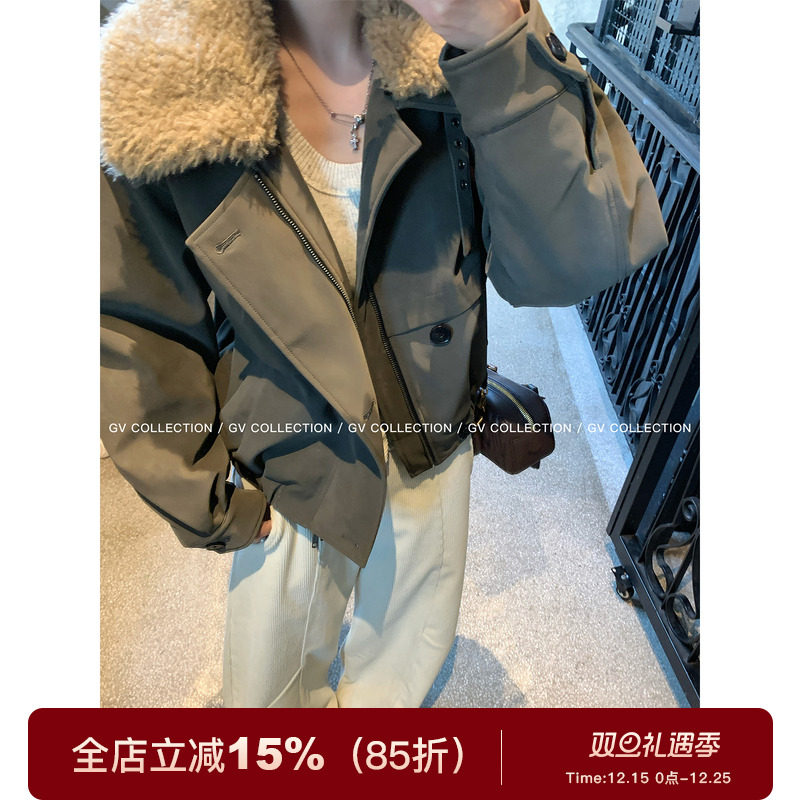 毛领拼接军绿肌理皮质夹棉加厚