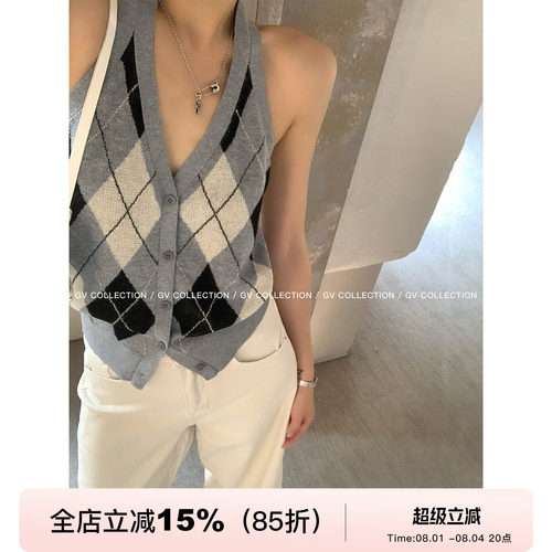 挂脖菱格学院风露背羊毛针织上衣