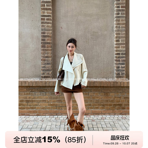 大翻领麂皮拉链短外套