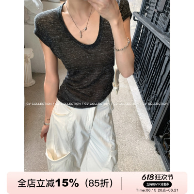 亚麻羊毛轻薄混色基础短袖上衣