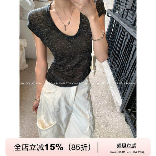 亚麻羊毛轻薄混色基础短袖上衣