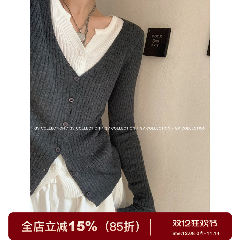 针织撞色假两件开衫上衣