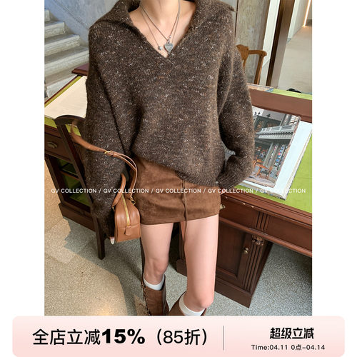 混色针织大翻领毛衣上衣