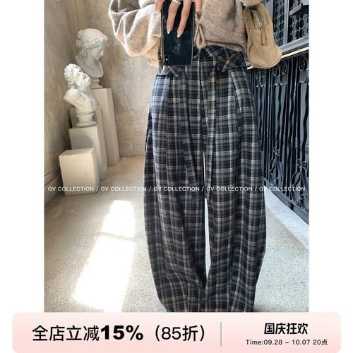 格纹毛呢阔腿宽松设计感休闲裤