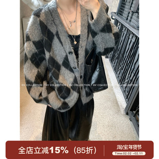 GV大白哥 十月伦敦 拉毛菱格V领毛衣上衣外套冬季穿搭新款气质