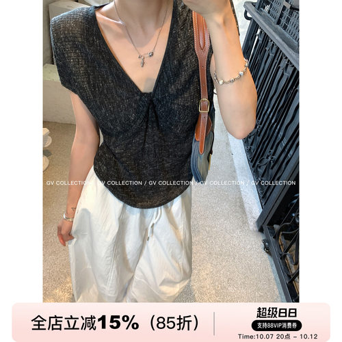 亚麻混色纽结松弛感短袖针织