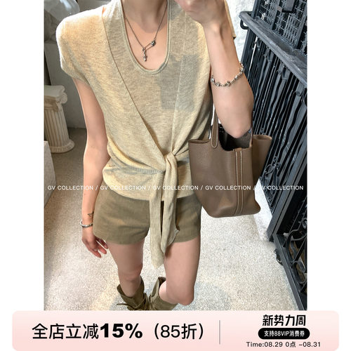 美丽诺羊毛假两件打结短袖上衣