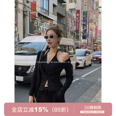 简约心机假两件挂脖上衣