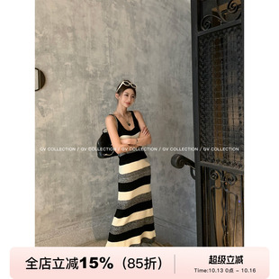 GV大白哥 简约配色 毛衣针织条纹撞色毛衣连衣裙秋款设计感裙子女