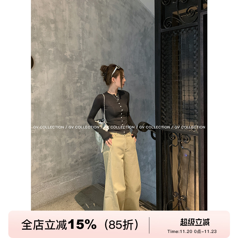 GV大白哥 工装双侧缝 解构卡其牛仔休闲裤通勤风休闲拖地长裤女