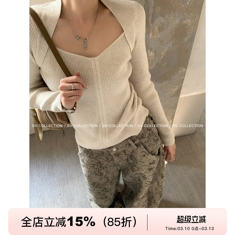 GV大白哥 静奢立体 V领坎肩假两件毛针织衫设计感秋冬新款女上衣