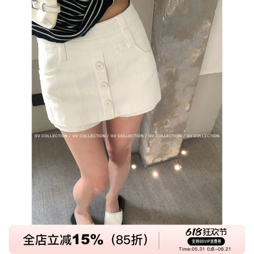 双层设计感纽扣高腰裙裤