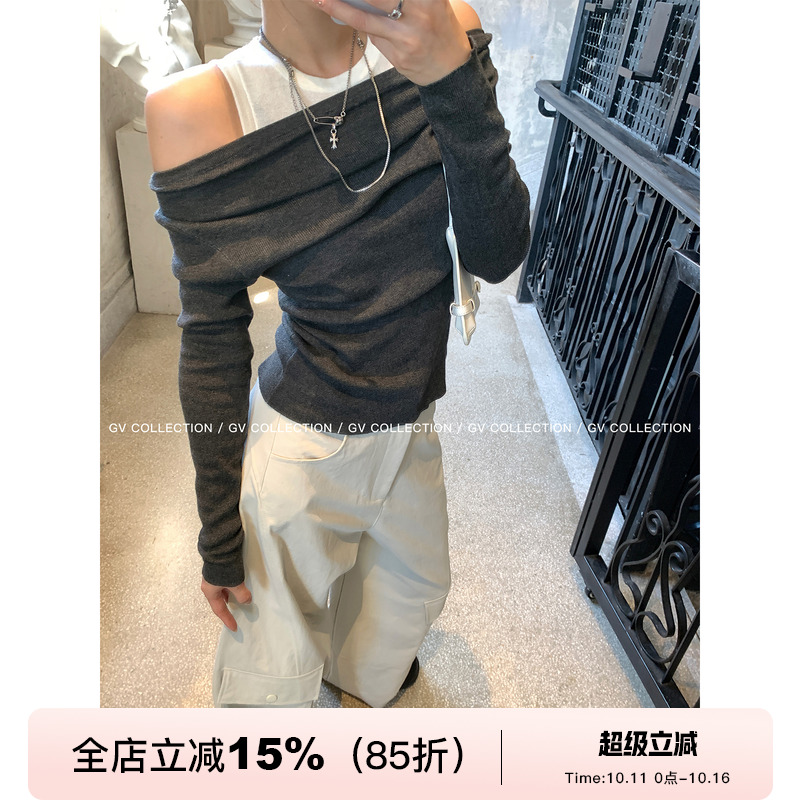 挂脖背心式露肩假两件针织上衣