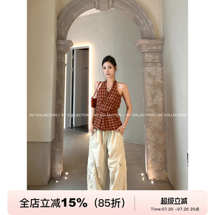 GV大白哥 复古配色 格纹挂脖系带收腰背心设计感新款上衣女气质