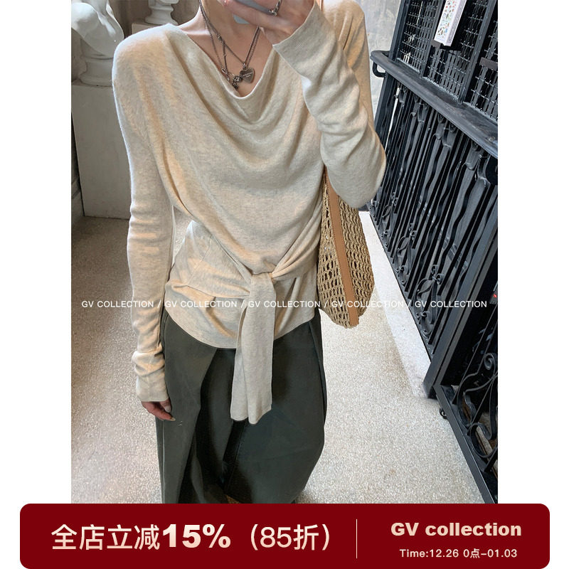 GV大白哥 松弛高智 荡领松弛腰带收腰毛针织衫上衣早秋女装新款