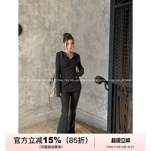 套装 GV大白哥 磨毛连帽上衣微喇休闲长裤 超模纸片人 女 显瘦修身