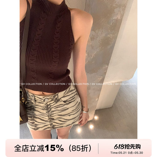 挂脖麻花针织收腰背心上衣