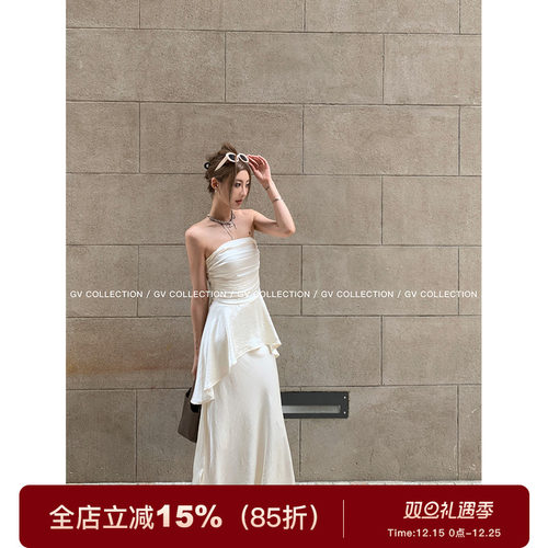 GV大白哥 奢简氛围 缎面腰部皱褶收腰抹胸光泽感半身裙人鱼姬套装