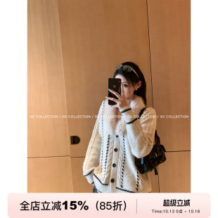 GV大白哥 格雷暖炉 羊驼绒羊毛钩针撞色毛衣针织毛领拼接外套