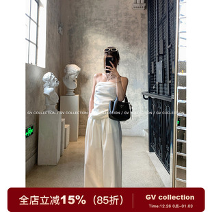 GV大白哥 极简腔调 盐系风棉麻褶皱抹胸宽松阔腿休闲长裤套装女