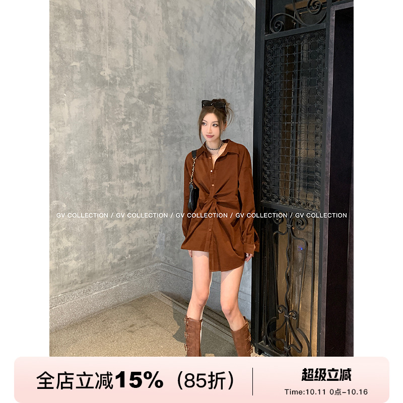 GV大白哥 Spring焦糖 不规则设计感立体纽结衬衫休闲长袖上衣女秋