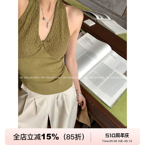 挂脖露背削肩收腰亚麻莱赛尔背心