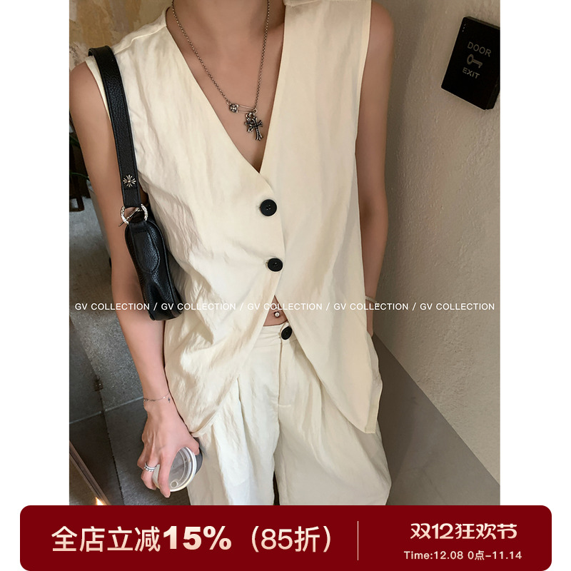 GV大白哥 松弛老钱风 氛围感开叉扭结压皱两粒扣马甲休闲长裤套装