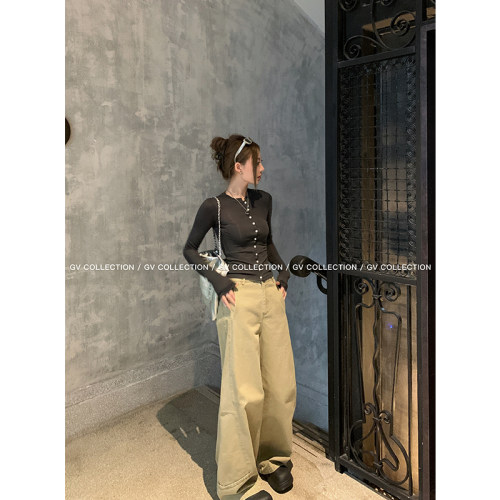GV大白哥 工装双侧缝 解构卡其牛仔休闲裤通勤风休闲拖地长裤女