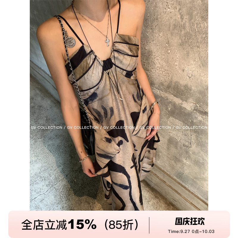 GV大白哥 中式油画 设计感国风晕染吊带连衣裙细肩带优雅长裙女