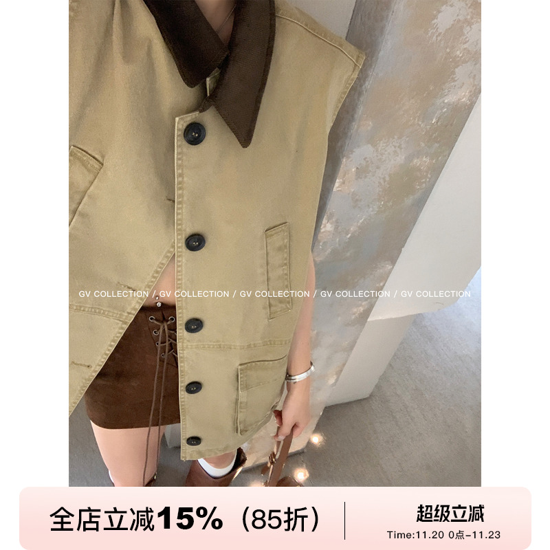 撞色翻领卡其水洗牛仔马甲背心