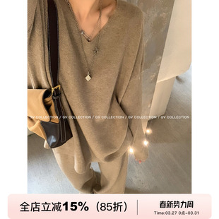 GV大白哥 松弛舒适区 V领华夫格针织上衣直筒裤套装秋冬新款女