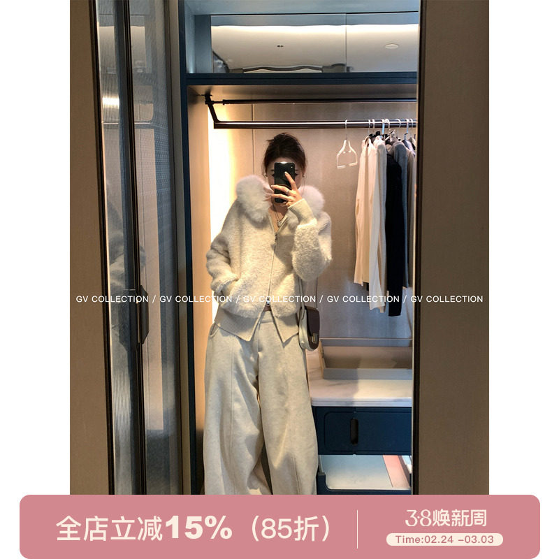 GV大白哥 私藏暖意 羊毛针织连帽毛领拉链开衫外套春季新款上衣女