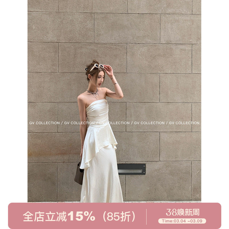 GV大白哥 奢简氛围 缎面腰部皱褶收腰抹胸光泽感半身裙人鱼姬套装