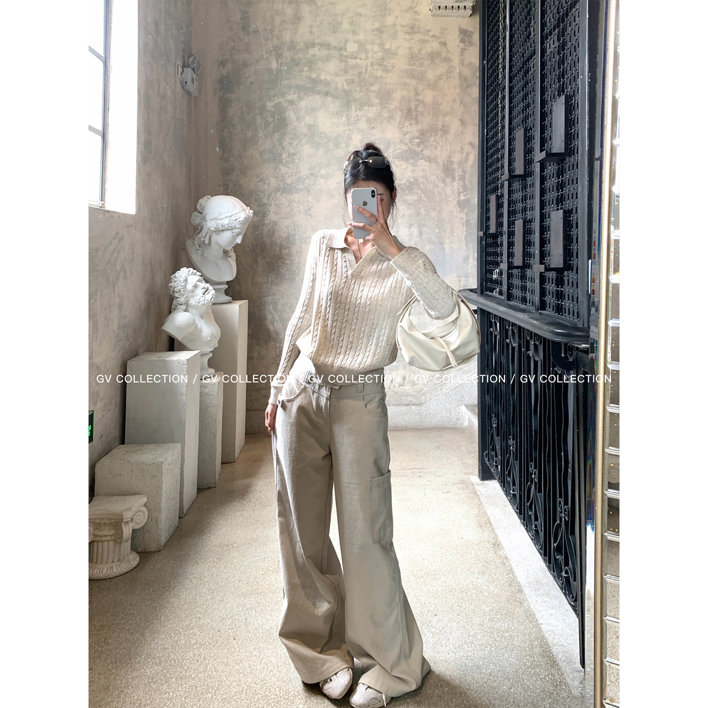 GV大白哥 质感极简 羊毛亚麻杂色编织polo领针织上衣秋季新款女