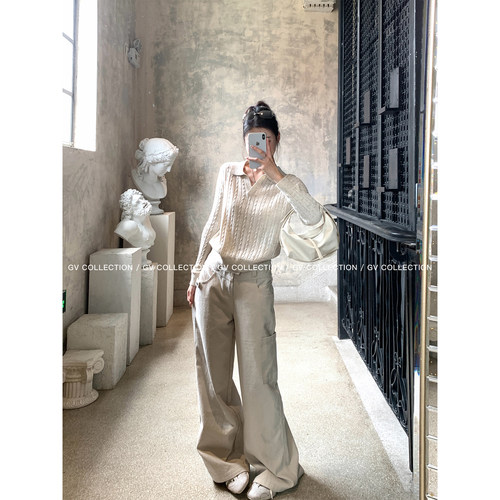 羊毛亚麻杂色编织polo领针织上衣