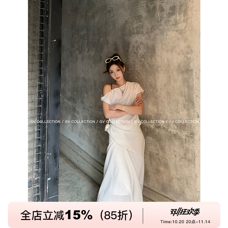 GV大白哥 侘寂系 天丝斜肩设计感扭结上衣微A廓形半身裙套装女夏