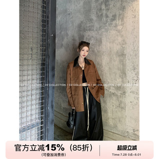 GV大白哥 外套中古风休闲上衣女 古着私服 拼皮撞色polo领麂皮衬衫