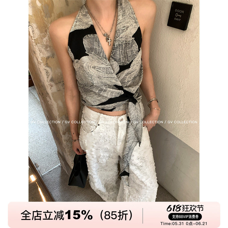 GV大白哥 小众VTG 收腰图案V领侧打结上衣背心设计感夏季新款女
