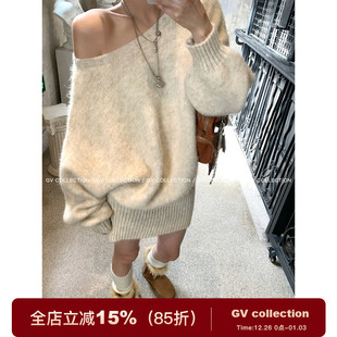 裙子女 羊毛长拉毛包臀可露肩连衣裙秋冬新款 GV大白哥 柔雾奶绒