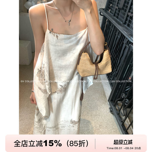 天丝亚麻设计感图案吊带连衣裙