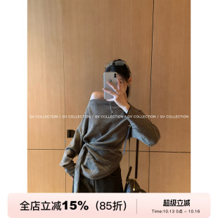 GV大白哥 Brunch Fit 条纹设计感露肩弹力条纹飘带针织上衣女秋冬