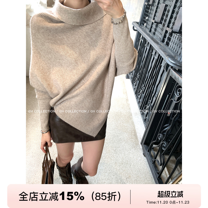 翻领蝙蝠袖不规则毛衣上衣