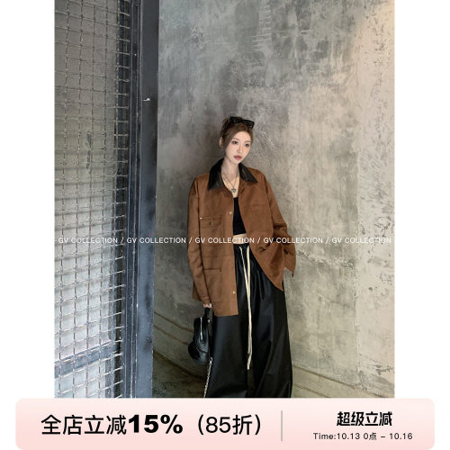 GV大白哥 古着私服 拼皮撞色polo领麂皮衬衫外套中古风休闲上衣女