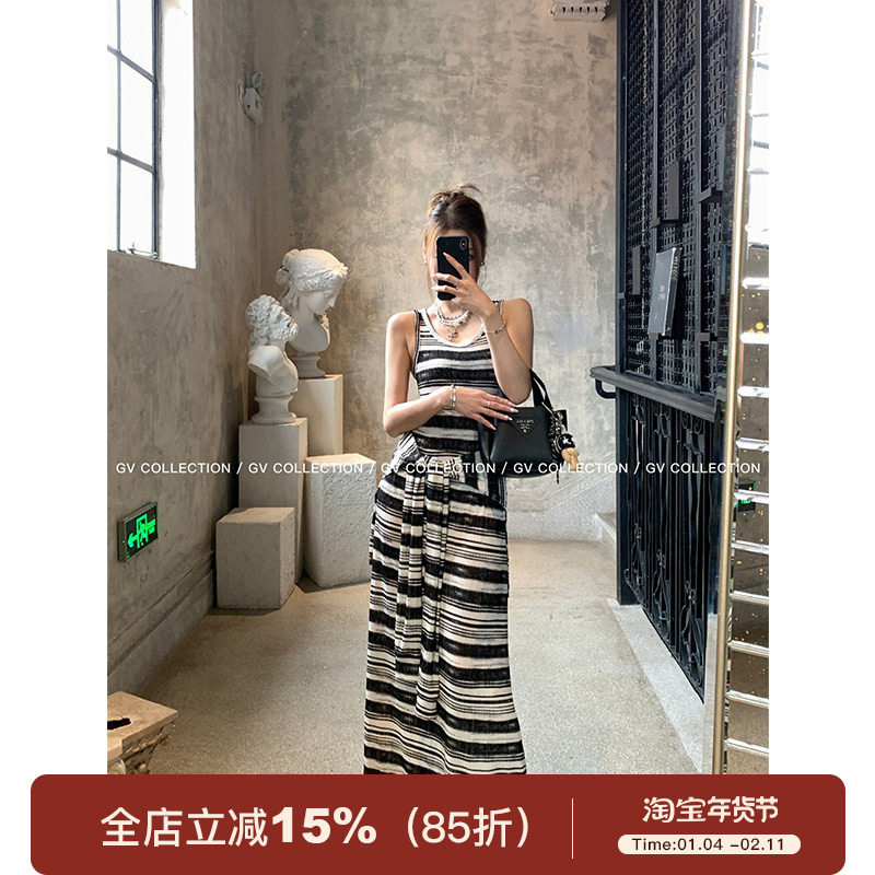 GV大白哥 松弛美式 假两件条纹绑带背心裙黑白撞色长款连衣裙女夏
