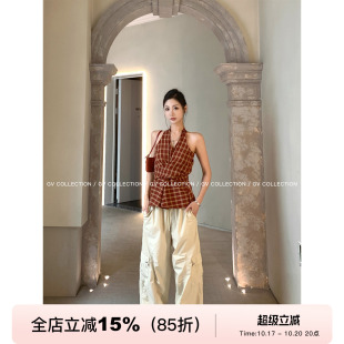 GV大白哥 复古配色 格纹挂脖系带收腰背心设计感新款上衣女气质