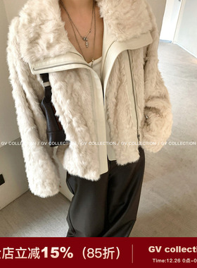 GV大白哥 东京买手 设计感环保毛拼皮翻领夹克外套冬季新款上衣女