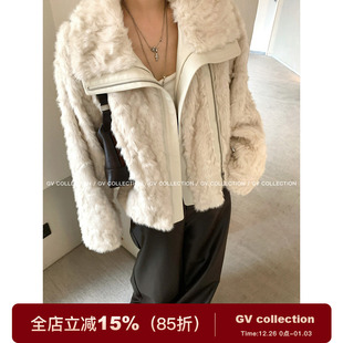 新款 设计感环保毛拼皮翻领夹克外套冬季 上衣女 东京买手 GV大白哥